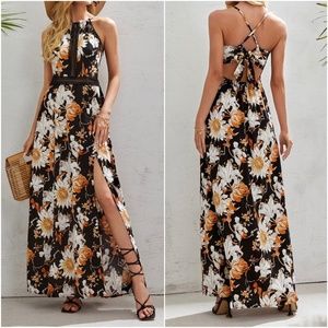Boho Floral Print Criss Cross Lace Maxi Dress Cottagecore